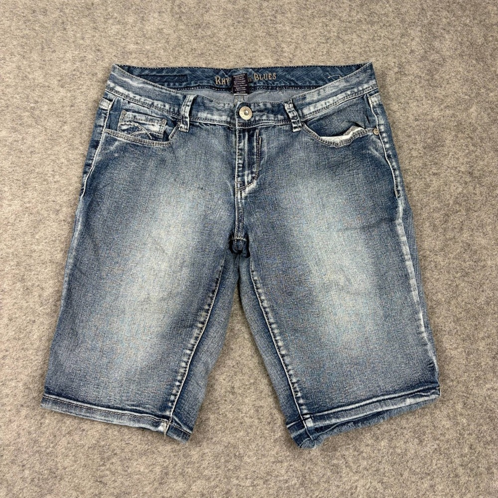 Rhythm in Blues Denim Shorts Womens 8 Blue Bermuda Distressed Y2K McBling‎ 2000s